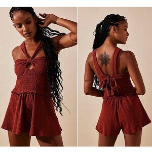 NEW FREE PEOPLE BEACH DOLCE BROWN SMOCKED HALTER ROMPER SZ LARGE